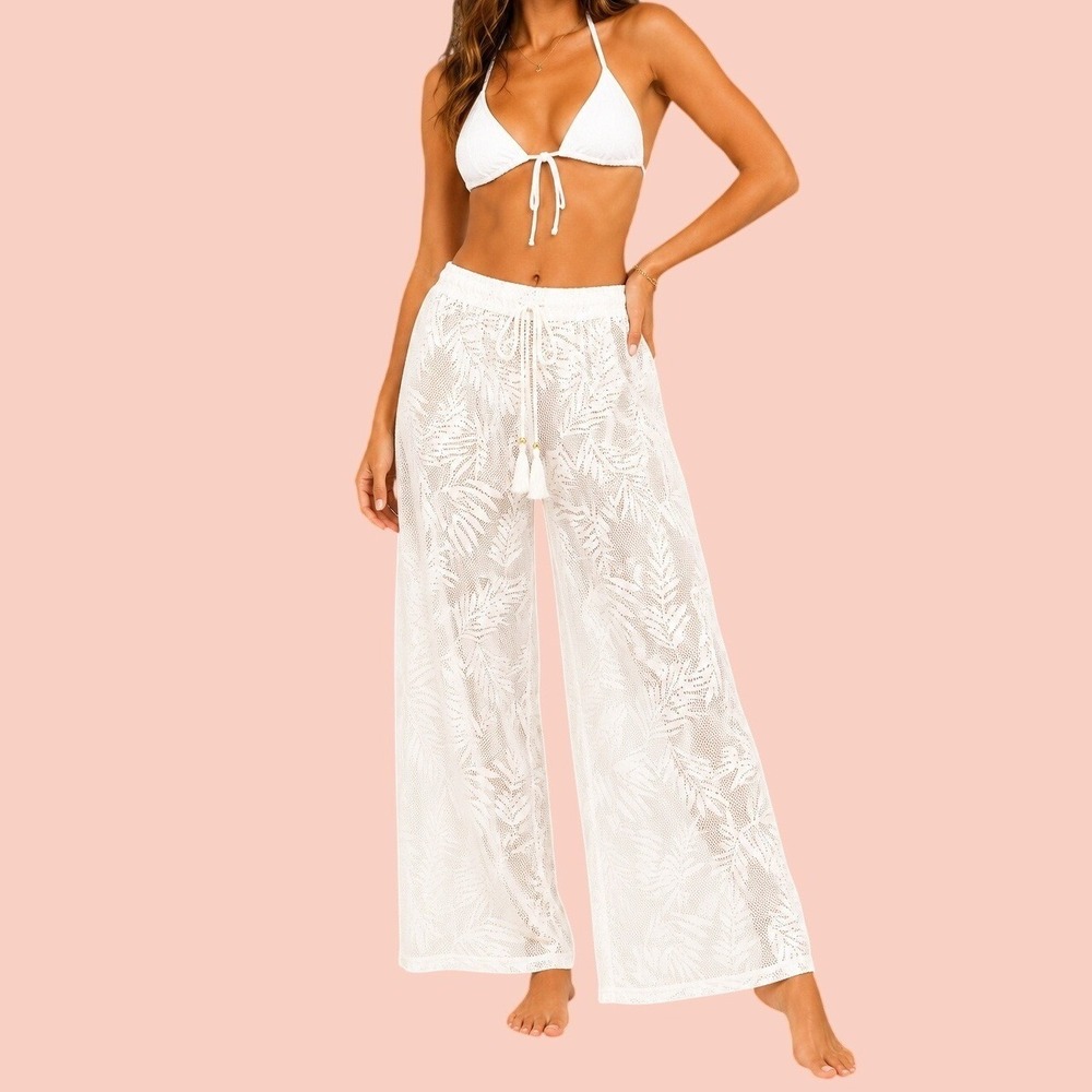 Club Z Collection Lace Wide Leg Pants Women 2X White Boho Casual Beach Coverup